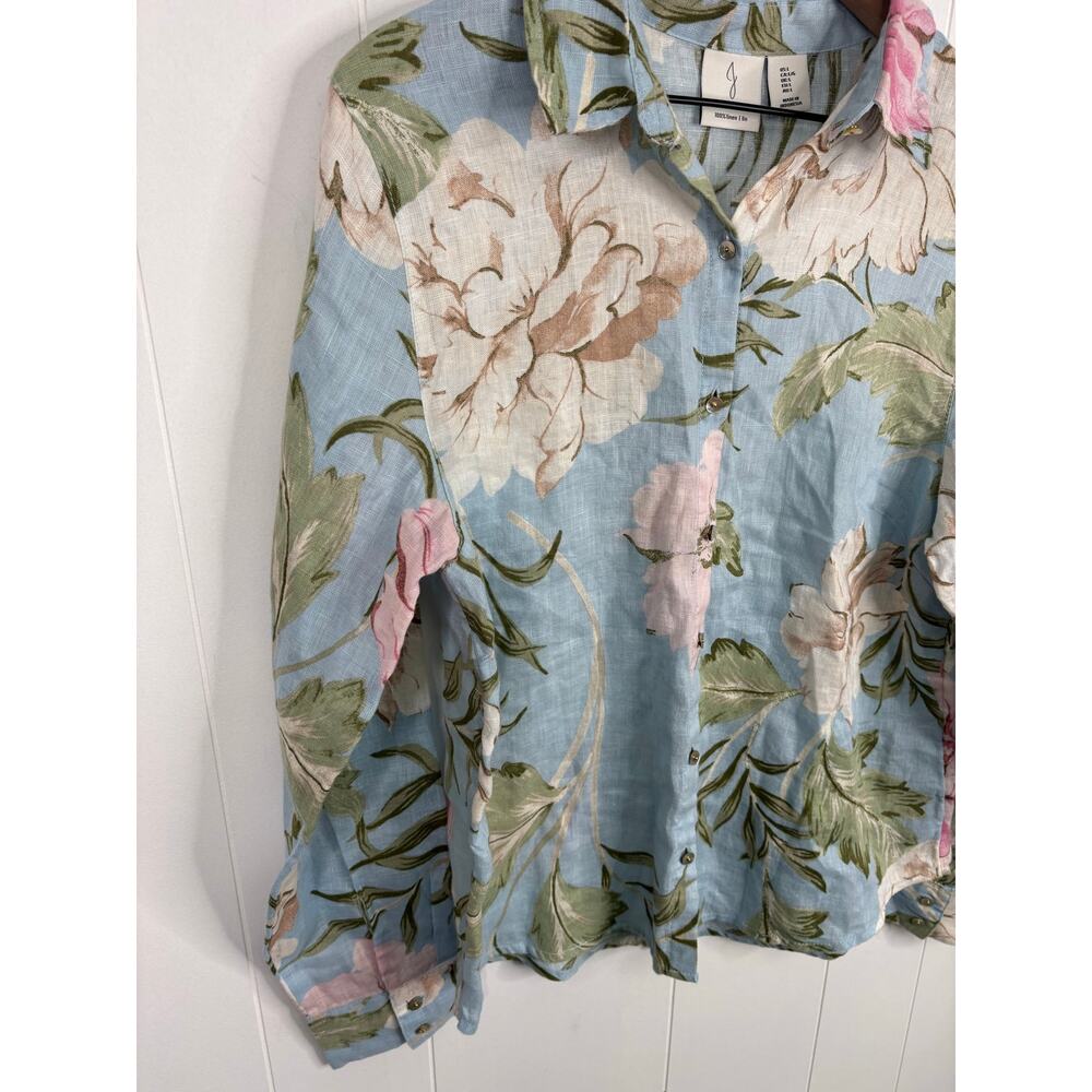 Joie 100% Linen Tropical Leaf Floral Button Up Top Large Light Blue Vacation - Picture 4 of 8